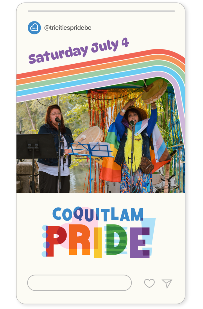 Social Media post designed for Coquitlam Pride featuring custom graphics, event information, and photography.