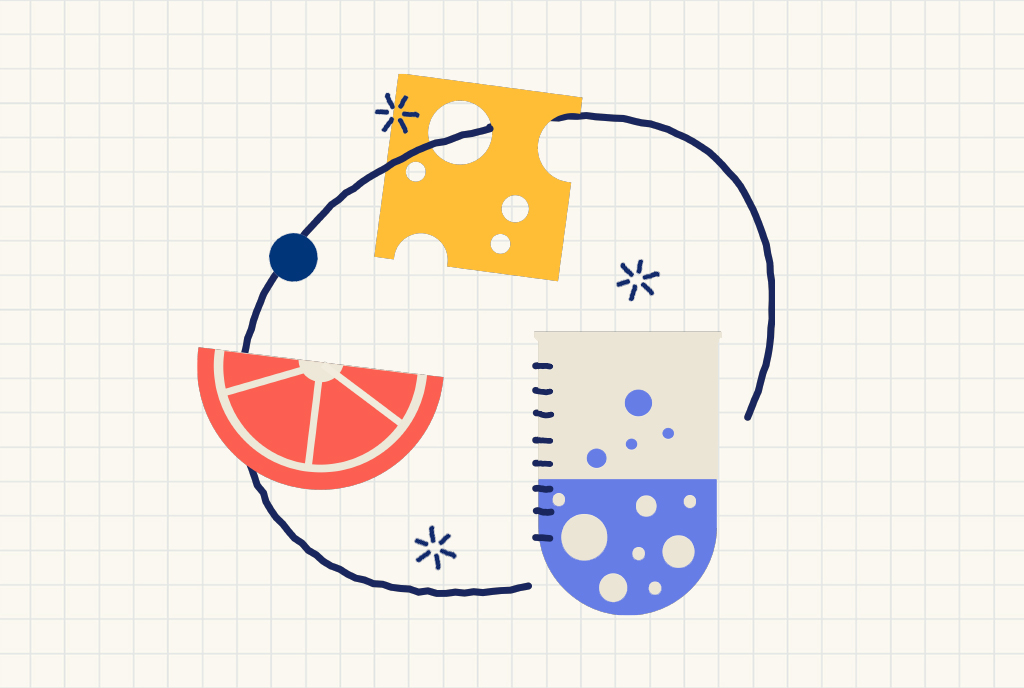 Illustration for Cultivated Food Labs showing a citrus slice, cheese wedge, and laboratory test tube connected by a continuous thread, representing the relationship between food science, ingredients, and innovation.