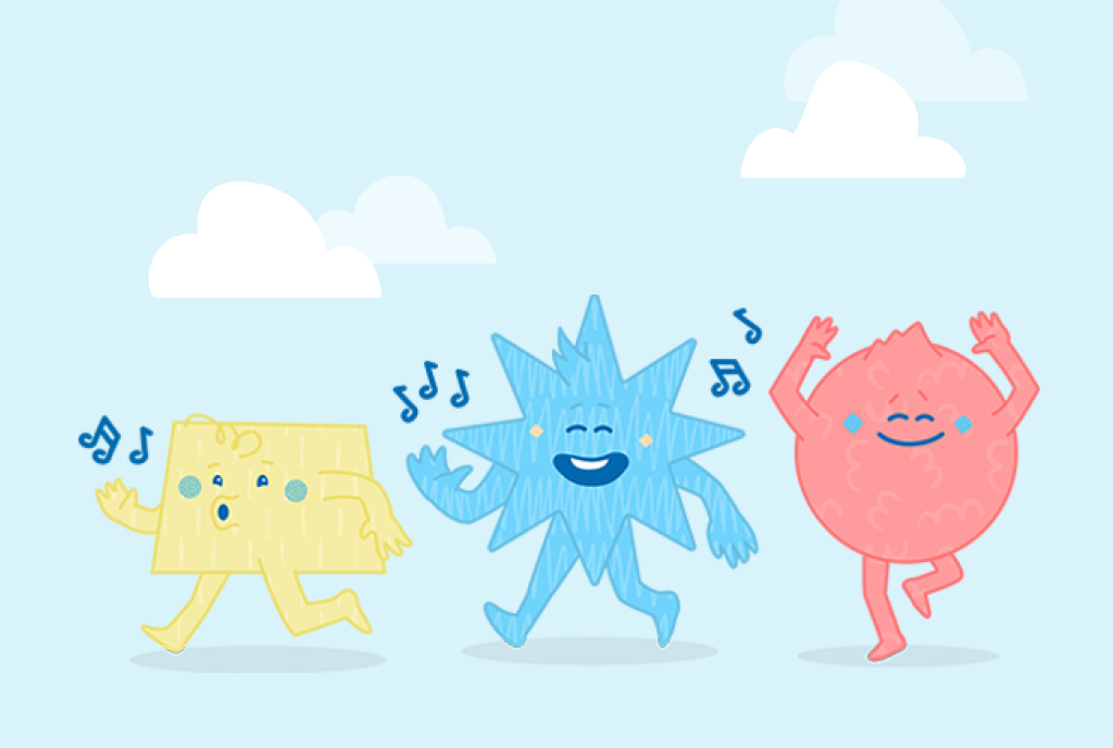 Illustration of three dancing Little Words characters: a yellow rectangle whistling, a blue starburst smiling and singing, and a red circle dancing against a blue sky with white clouds.