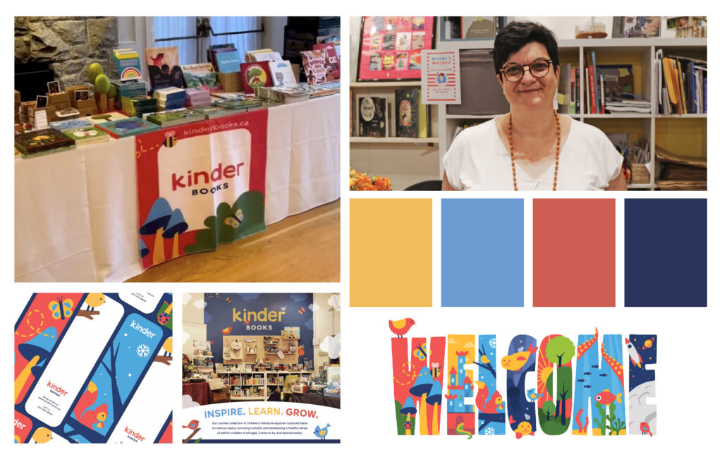 Kinder Books brand identity showing colour palette, illustration, signage and marketing materials