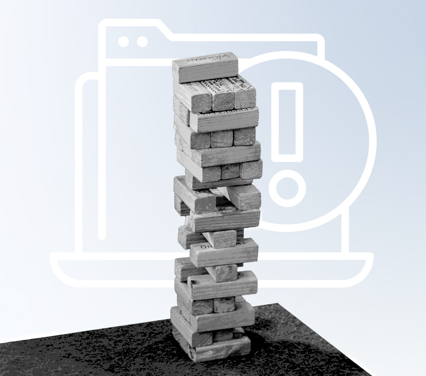Jenga-style block tower representing WordPress website maintenance and updates.